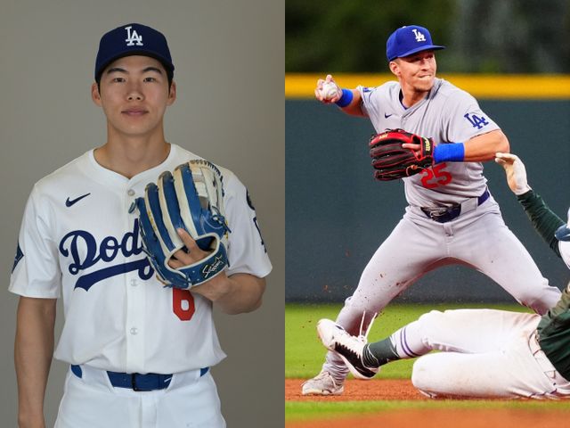 타격 부진을 극복하지 못한 김혜성이 메이저리그 개막전 엔트리에 포함되지 못했다. 사진은 2025시즌을 앞두고 LA다저스로 이적한 김혜성(왼쪽)과 2루수 경쟁자인 토미 애드먼의 모습. /사진=로이터