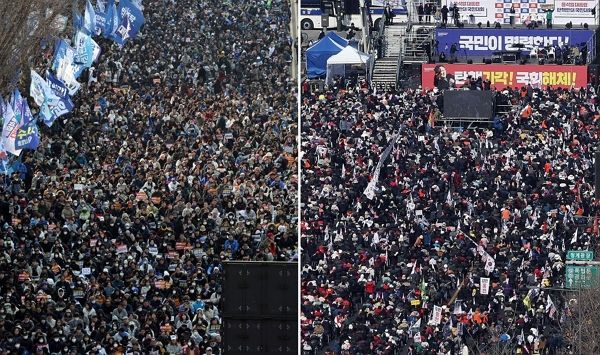 오는 15일 탄핵 찬반 집회와 행진으로 서울 도심 곳곳에서 교통혼잡이 예상된다. 사진은 지난 8일 서울 종로구 안국동에서 열린 찬성집회 '야5당 공동 윤석열 파면 촉구 2차 범국민대회'(왼쪽) 모습과 오른쪽은 광화문 광장에서 열린 탄핵 반대집회'자유통일을 위한 국민대회'의 모습(오른쪽). /사진=뉴스1