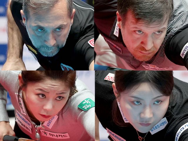 2024-25시즌 마지막 대회인 월드챔피언십 결승 대진이 확정됐다. 사진은 17일 제주 한라체육관에서 열리는 'SK렌터카 제주특별자치도 PBA-LPBA 월드 챔피언십 2025' 결승전에 진출한 남자부 세미 사이그너(왼쪽)과 륏피 체네트, 여자부 김가영(왼쪽)과 김민아의 모습. /사진=프로당구협회(PBA) 제공