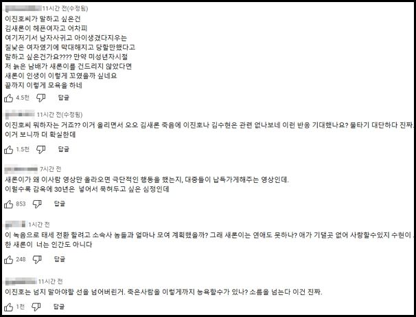 사진은 이진호가 김새론의 결혼, 낙태를 주장하는 영상에 달린 비판 댓글. /사진=유튜브 채널 '연예뒤통령 이진호' 캡처