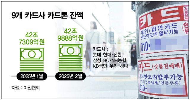 지난달 카드론(장기카드대출) 잔액이 43조원에 육박하며 역대 최대치를 찍었다./그래픽=머니S 김은옥 기자