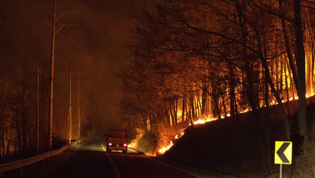 경북 의성군 안평면에서 발생한 산불이 23일 오전 5시 기준 진화율 2.8%를 기록했다. 사진은 지난 22일 경북 의성군으로 진입하는 길목마다 계속 불이 타고있는 모습. /사진=뉴스1