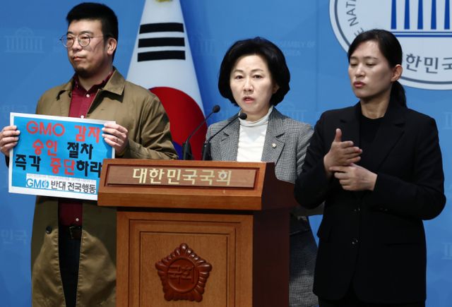  국회 농림축산식품해양수산위원회 소속 송옥주 더불어민주당 의원이 24일 오전 서울 여의도 국회 소통관에서 통상압력으로 인한 미국 GMO 감자 수입 승인 반대 기자회견을 가졌다. /사진=뉴스1