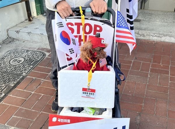 최근 윤석열 대통령 탄핵 찬반 집회에서는 반려견과 함께 참여하는 참가자들이 눈에 띈다. 사진은 지난 13일 오후 서울 종로구 헌법재판소 인근에서 중년 남성이 반려견 '여름이'를 보여주는 모습. /사진=뉴스1