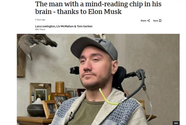 뇌신경과학 스타트업 기업 뉴럴링크가 개발한 컴퓨터 칩을 이식 받은 환자가 향상된 능력을 선보였다. 사진은 지난 23일(현지시각) BBC에서 소개된 뉴럴링크 첫 시술자 놀런드 아르보의 모습. /사진=BBC 캡처