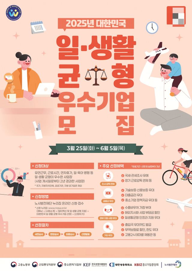 고용노동부는 오는 25일부터 관계부처, 경제단체들과 ‘대한민국 일·생활 균형 우수기업’을 모집한다. /그래픽=고용노동부