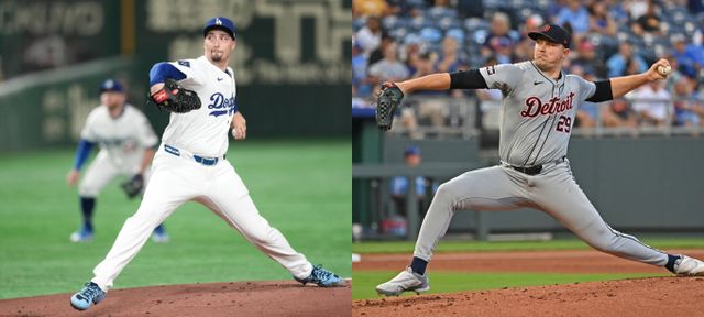 LA다저스가 미국에서 진행되는 첫 경기 선발 투수로 블레이크 스넬을 예고했다. 사진은 2025시즌을 앞두고 LA다저스에 합류한 블레이크 스넬(왼쪽)과 디트로이트 타이거즈 1선발 타릭 스쿠발의 모습. /사진=로이터