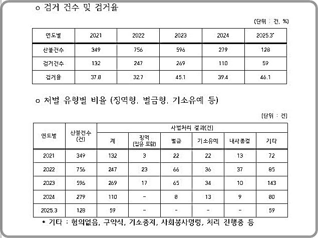 지난 10년간 산불 발생 원인으로 '입산자 실화'가 31%를 차지했다. 표는 최근 5년간 연도별 산불가해자 검거 및 처벌현황. /사진=산림청