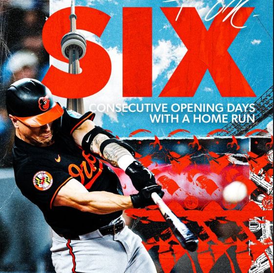 볼티모어 오리올스 외야수 타일러 오닐이 6년 연속 개막전 홈런이라는 대기록을 세웠다. 사진은 볼티모어 오리올스가 6년 연속 개막전 홈런포를 때린 타일러 오닐을 기념한 게시물. /사진=볼티모어 오리올스 엑스 캡처