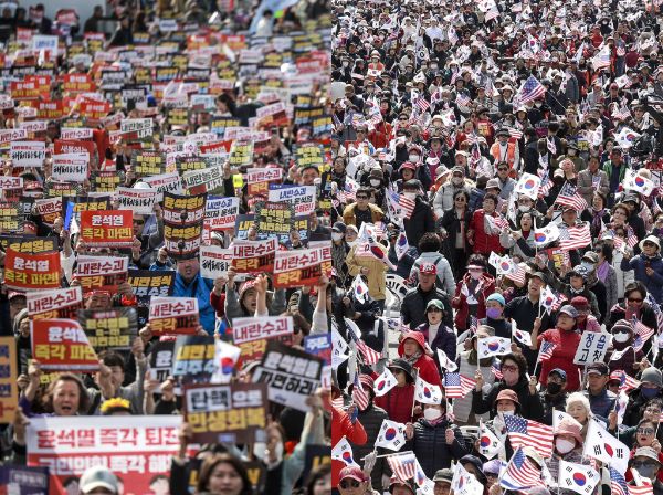 이재명 더불어민주당 대표의 공직선거법 위반 2심 무죄 선고 후 첫 주말에는 서울 도심 곳곳에서 탄핵 찬반 집회가 열린다. 사진은 지난 15일 서울 종로구 광화문 동십자각 앞에서 윤석열즉각퇴진 사회대개혁 15차 범시민대행진(왼쪽)과 동화면세점 앞에서 자유통일당의 '3.15 광화문국민대회'가 열리는 모습(오른쪽). /사진=뉴시스
