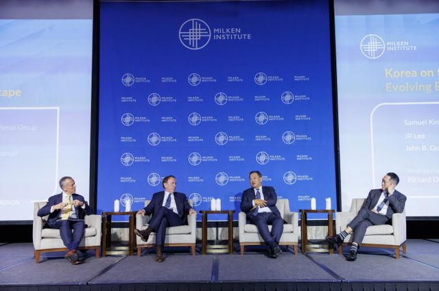  왼쪽부터, 리차드 디티지오(Richard Ditizio), 밀켄 연구소 최고경영자(CEO), 존 B. 퀸(John B. Quinn), 퀸 엠마뉴엘 어쿼트 & 설리번 LLP 설립자 겸 집행위원장, 김상현(Samuel Kim), 롯데그룹 유통군HQ 총괄대표 부회장, 이준표(JP Lee), SBVA 최고경영자(CEO) /사진=밀켄 연구소
