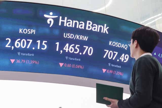 27일 오후 서울 중구 하나은행 딜링룸 전광판의 모습./사진=뉴스1