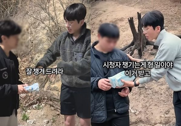 유튜버 보겸이 산불 피해로 심각한 피해를 겪은 구독자를 직접 찾아가 생필품과 위로금을 전달했다. 사진은 보겸이 산불 피해를 입은 구독자를 찾아가 돈뭉치를 건네는 모습. /사진=유튜브 채널 '보겸TV' 캡처