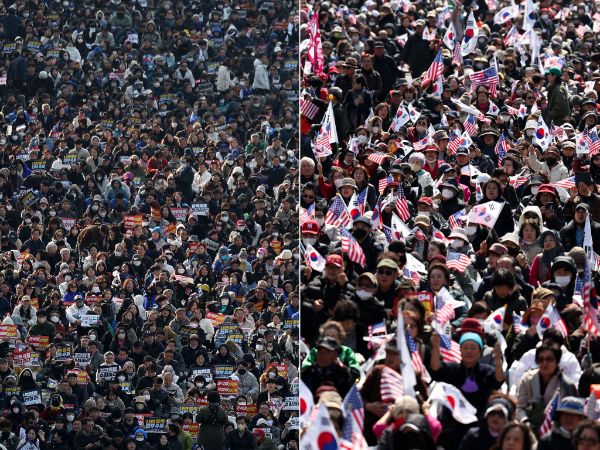 더불어민주당 지지도가 41%로 국민의힘을 오차범위 밖에서 앞선다는 여론조사 결과가 나왔다. 사진은 지난 8일 서울 종로구 일대에서 윤석열 대통령 탄핵 찬·반 집회가 각각 열린 모습. /사진=뉴시스