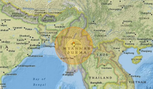미얀마 중부 지역에 규모 7.7 지진 발생으로 인해 태국 방콕에서도 진동 피해가 일어났다. 사진은 28일 낮 12시50분쯤 미얀마 중부 지역에서 규모 7.7 지진 발생이 감지된 모습. /사진=지진추적시스템 홈페이지 캡처