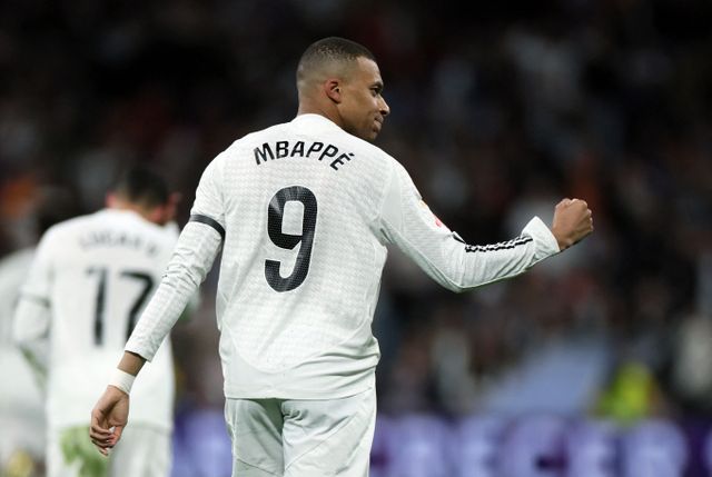 레알 마드리드의 킬리안 음바페가 팀의 첫 번째 골을 넣은 뒤 골을 자축하고 있다./사진=로이터 