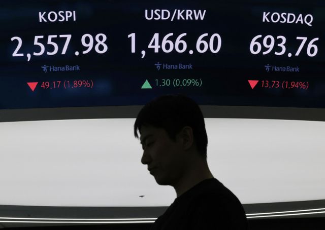코스피가 전 거래일보다 49.17포인트(1.89%) 하락한 2557.98로 장을 마친 28일 서울 중구 하나은행 딜링룸에서 딜러들이 업무를 보고 있다./사진=뉴시스 /사진=최동준