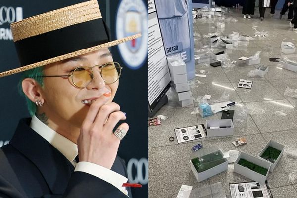 지드래곤 공연 직후 쓰레기로 가득한 사진이 공개돼 논란이 일고 있다. 사진은 지난달 24일 서울 용산구 한남동 하얏트호텔에서 열린 워치&주얼리 브랜드 '제이콥앤코' 코리아 부티크 그랜드 오픈 행사에 참석한 지드래곤(왼쪽)과 콘서트가 끝난 뒤 관람객들이 버리고 간 쓰레기(오른쪽)의 모습. /사진=(왼쪽)뉴스1, 온라인 커뮤니티 캡처