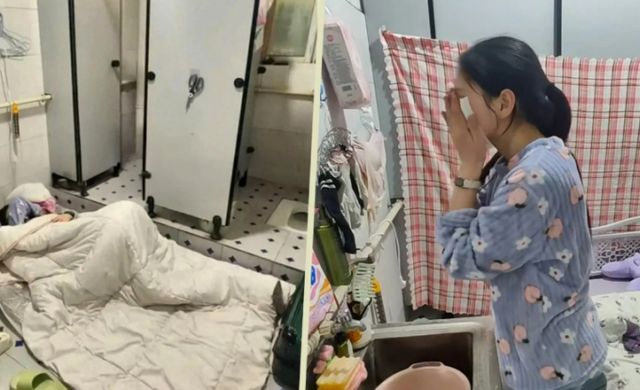 한 중국 여성이 임대료를 아끼기 위해 직장 화장실에서 생활한다고 밝혔다. 사진은 월세를 아끼기 위해 직장 화장실에서 생활 중인 양모씨의 모습. /사진=사우스차이나모닝포스트(SCMP) 홈페이지 캡처