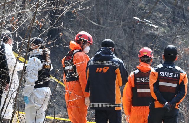 경북 의성에서 발생한 화재와 관련해 수사가 진행됐다. 경찰·국립과학수사연구원·소방 등 관계자들이 31일 경북 의성군 안평면 괴산리 산불 발생 현장에서 합동감식을 하는 모습. /사진=뉴스1