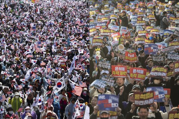 정권교체 희망 여론이 5주째 우세한 여론조사 결과가 나왔다. 사진은 지난 29일 서울 종로구 동십자각에서 열린 윤석열 즉각 퇴진 사회대개혁 17차 범시민대행진(오른쪽)과 세종대로에서 자유통일당 등 보수단체 회원들이 윤석열 대통령 탄핵 반대 집회가 열리고 있는 모습. /사진=뉴시스