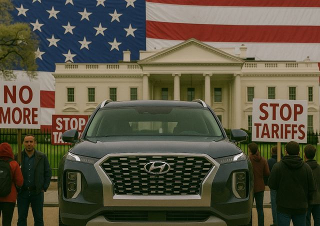 트럼프 미국 대통령이 25% 자동차 관세 부과를 예고한 가운데 현대차가 팰리세이드의 미국 현지 생산을 다시 검토하고 있다. /그래픽=김서연 기자 