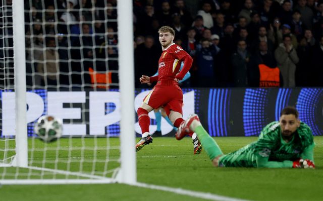 리버풀읖 경기력에서 압도한 파리 생제르맹이 통한의 실점을 하며 패배했다. 사진은 6일(한국시각) 프랑스 파리 파르크 데 프랭스에서 열린 '2024-25 유럽축구연맹(UEFA) 챔피언스리그(UCL)' 파리 생제르맹과 리버풀의 경기에서 득점에 성공한 하비 엘리엇(왼쪽)과 실점한 잔루이지 돈나룸마의 모습. /사진=로이터 