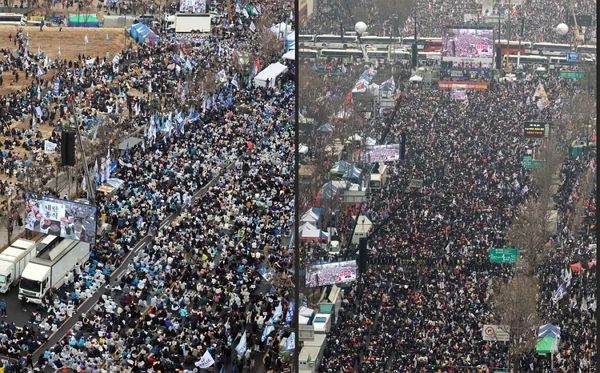 토요일인 오는 8일 서울 도심 곳곳에서 윤석열 대통령의 탄핵 찬반 대규모 집회가 열려 교통이 혼잡할 전망이다. 사진은 3·1절인 지난 1일 종로구 안국동에서 열린 야5당 공동 '윤석열 파면 촉구 범국민대회'(왼쪽)와 광화문광장 일대에서 열린 '자유통일을 위한 국민대회'(오른쪽) 모습. /사진=뉴스1