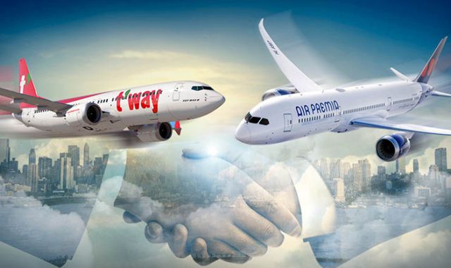 지난달 티웨이항공을 인수한 대명소노그룹이 에어프레미아 인수에도 속도를 내고 있다. 인수에 속도를 내는 배경으로는 대한항공이 티웨이의 유럽노선 운항을 돕기 위해 지원한 인력·기체 임대기간이 2년이라는 점이 지목된다. /그래픽=김은옥 기자 