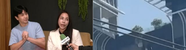 미얀마 지진으로 태국 방콕에도 진동이 느껴졌을 때 한 한국인 남성이 아내와 딸이 있는 옆 건물로 이동하기 위해 고층 빌딩 연결 다리를 뛰어넘었다는 사연이 알려져 화제다. 사진은 (왼쪽) 인터뷰 중인 한국인 남성 권영준씨(왼쪽)와 아내의 모습. (오른쪽) 건물 연결 다리가 무너지는 모습. /사진=타이라스TV 유튜브 화면 캡처