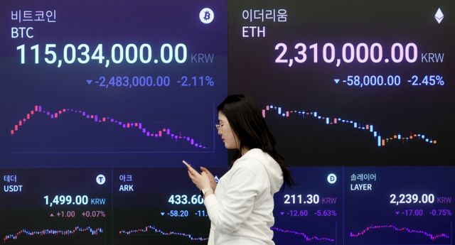 사진은 지난 7일 관세 전쟁 우려에 급락하는 비트코인과 이더리움 시황이 표시된 서울 강남구 업비트 전광판. /사진=뉴시스