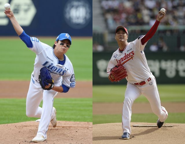 삼성 라이온즈와 SSG랜더스가 토종에이스 원태인과 김광현을 선발로 예고했다. 사진은 2024시즌 삼성 라이온즈에서 활약한 원태인(왼쪽)과 SSG랜더스에서 활약한 김광현의 모습. /사진=뉴스1