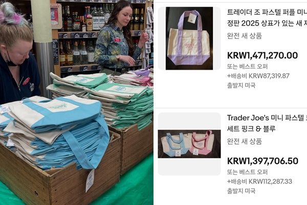 미국 식료품 체인 트레이더 조에서 재출시한 미니백의 인기가 화제다. 사진은 (왼쪽) 트레이더조에서 미니백을 출시한 모습. (오른쪽) 이베이에 게재된 트레이더조 미니백 리셀가. /사진=(왼쪽) 인스타그램 캡처, (오른쪽) 이베이 화면 캡처 