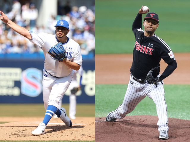 2년 차 외국인 투수 아리엘 후라도와 엘리저 에르난데스가 서울 잠실야구장에서 선발 맞대결을 펼친다. 사진은 2025시즌 삼성 라이온즈에서 활약한 아리엘 후라도(왼쪽)와 LG트윈스에서 활약한 엘리저 에르난데스의 모습. /사진=뉴시스