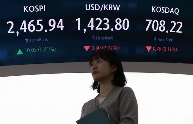 코스피가 전 거래일(2455.89)보다 8.62포인트(0.35%) 상승한 2464.51에 개장한 15일 오전 서울 중구 하나은행 딜링룸 전광판에 지수가 표시되고 있다. /사진=뉴시스 