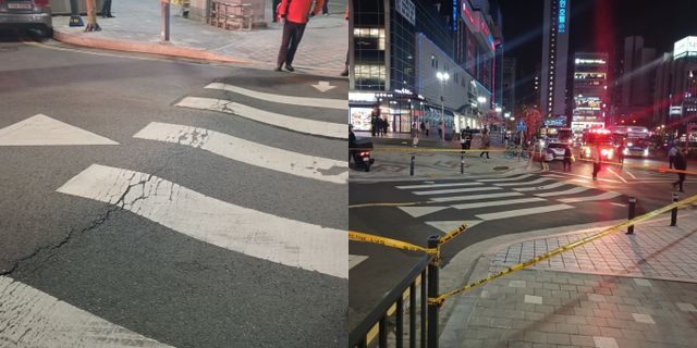 인천 부평역 횡단보도에서 땅꺼짐 현상이 발생해 당국이 차량 통행 등을 통제하고 복구작업에 나섰다. /사진=인천시 제공