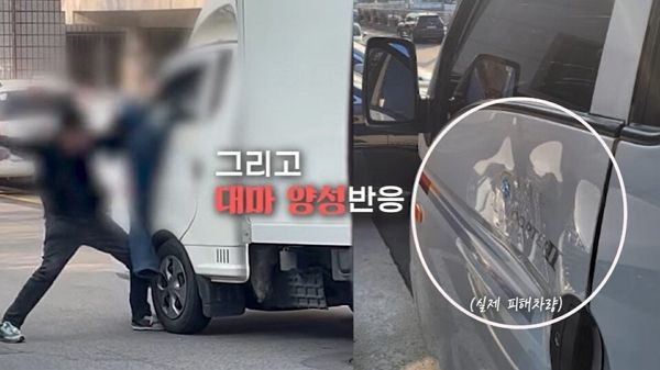 서울의 한 주택가에서 행패를 부린 남성이 대마초 양성 상태였다. 사진은 트럭 문에 주먹질하는 남성(왼쪽)의 모습과 실제 피해 차량(오른쪽)의 모습. /사진=유튜브 채널 '대한민국 경찰청' 캡처
