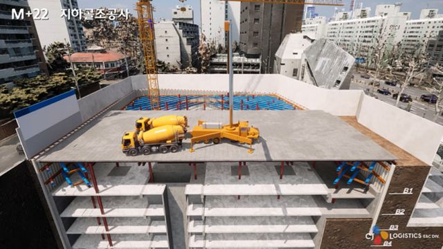 CJ대한통운 건설부문이 디지털 트윈 역량 강화에 나서고 있다. 이미지는 드론으로 취득한 현장 주변 상황과 시점별 지하 골조 공사계획을 결합한 모습. /이미지=CJ대한통운