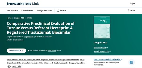 프레스티지바이오파마의 허셉틴 바이오시밀러 투즈뉴 관련 논문이 SCI급 국제학술지 'Drug in R&D'에 등재됐다. 사진은 투즈뉴 논문이 등재된 drug in R&D 홈페이지. /사진=프레스티지바이오파마