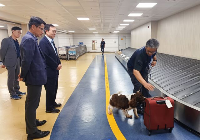 정부가 16일부터 60일 동안 마약류 특별단속을 실시한다. 사진은 지난해 7월10일 이명구 관세청 차장(왼쪽 첫 번째)이 제주국제공항을 방문해 마약단속 현장을 점검하는 모습./사진=뉴스1