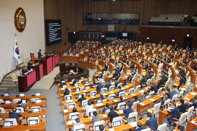 내란특검법과 명태균특검법이 재표결에서 결렬됐다. 사진은 17일 서울 여의도 국회에서 열린 본회의를 진행 중인 모습. /사진=뉴스1