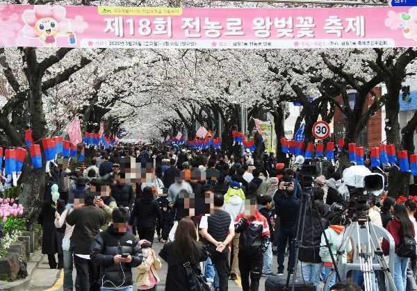제주시 전농로 왕벚꽃 축제 방문객들이 식중독 의심 증상을 보여 보건당국이 역학조사를 진행하고 있다. 사진은 지난달 30일 오후 제주시 삼도1동 전농로 일대에서 열린 제18회 전농로왕벚꽃축제장이 방문객들로 북적이고 있는 모습. /사진=뉴시스