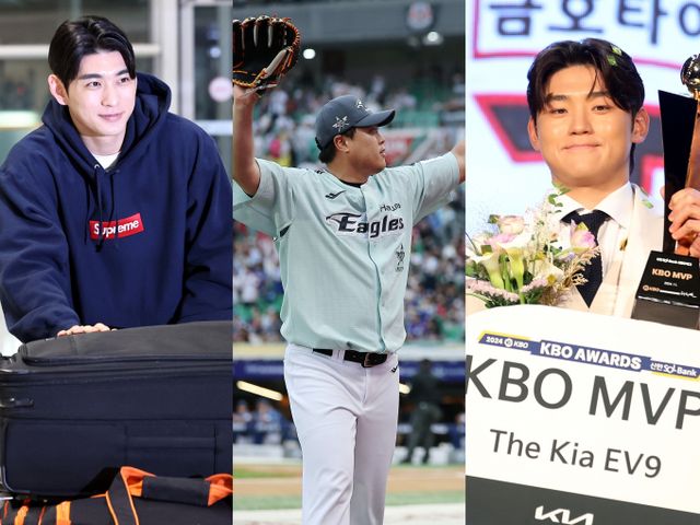 이정후가 가장 좋아하는 야구선수를 묻는 질문에서 가장 높은 응답률로 1위에 올랐다. 사진은 샌프란시스코 자이언츠 이정후와 한화 이글스 류현진, KIA타이거즈 김도영의 모습(왼쪽부터) /사진=뉴스1