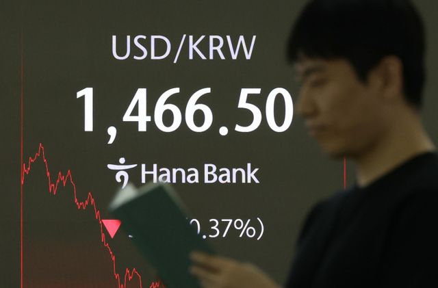 서울 외환시장에서 원·달러 환율은 전 거래일(1471.9원)보다 5.3원 내린 1466.6원에 주간 거래를 마감한 2일 오후 서울 중구 하나은행 딜링룸 전광판에 지수가 표시돼 있다. /사진=뉴시스