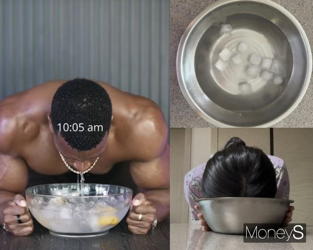 피트니스 인플루언서 애쉬튼 홀의 아침루틴 '얼음물 세수'를 시도해보았다. 사진은 애쉬튼 홀의 세수 장면과 이를 따라하는 기자의 모습(오른쪽). /사진=박은서 기자