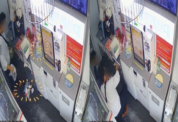 무인점포 업주가 다른 사람이 버린 쓰레기를 대신 치워준 남성 손님에게 감사함을 전했다. 사진은 아이와 함께 무인점포를 찾은 남성 손님이 남이 버린 쓰레기를 치워주는 모습. /사진=자영업자 커뮤니티 '아프니까사장이다' 캡처