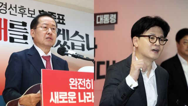 국민의힘 대선 경선에 나선 홍준표 국민의힘 대선 예비후보와 한동훈 국민의힘 대선 예비후보의 공약 방향성이 갈리고 있다. 사진은 선진대국 시대 비전 공약을 발표하는 홍 후보(왼쪽)의 모습과 여성정책 간담회에 참여한 한 후보(오른쪽)의 모습. /사진=김서연 기자 