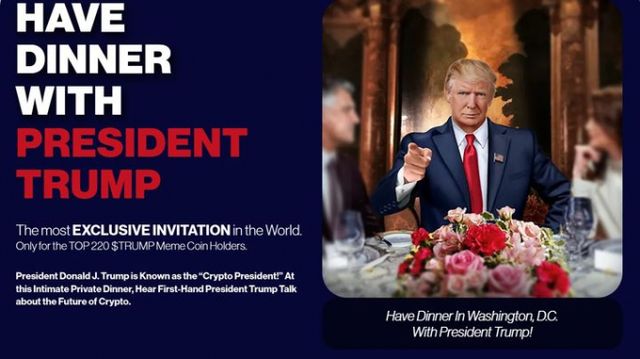 지난 23일(현지시각) 트럼프의 밈 코인은 공식 홈페이지 공지를 통해 "세상에서 가장 특별한 초대장"이라며 $TRUMP를 가장 많이 보유한 220명과 트럼프 대통령이 비공개 만찬을 갖는 이벤트를 마련했다고 밝혔다. 사진은 트럼프 밈 코인 공식 홈페이지에 게재된 이벤트 홍보 이미지. /사진=트럼프 밈 코인 공식 홈페이지
