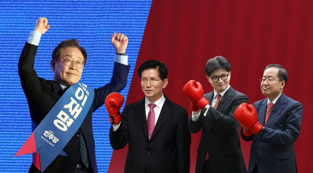  최근 발표된 여론조사에서 이재명 더불어민주당 대선 경선 후보가 선전하고 있는 가운데 보수진영의 경선후보들의 중도층 공략 여부가 주요 관건으로 떠오르고 있다. /그래픽=김은옥 기자 