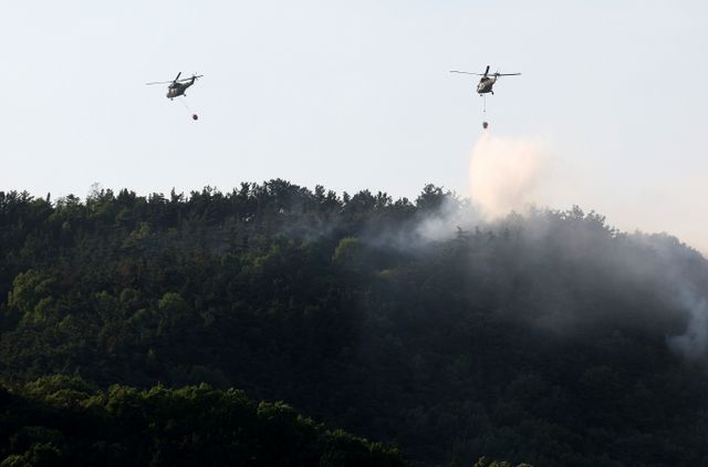 산림청이 대구 북구 함지산 산불에 대해 29일 오전 10시 기준 진화율 92%라고 발표했다. 사진은 지난 28일 오후 2시1분쯤 대구 북구 노곡동 함지산에서 불이 나 소방헬기가 진화작업을 진행한 모습. /사진=뉴시스